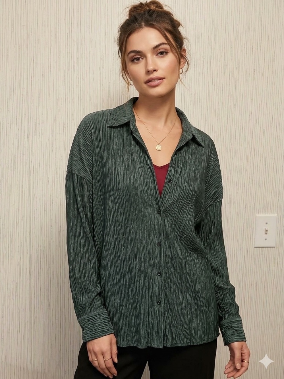 Crinkle Button-Front Shirt in Deep Teal Size XL